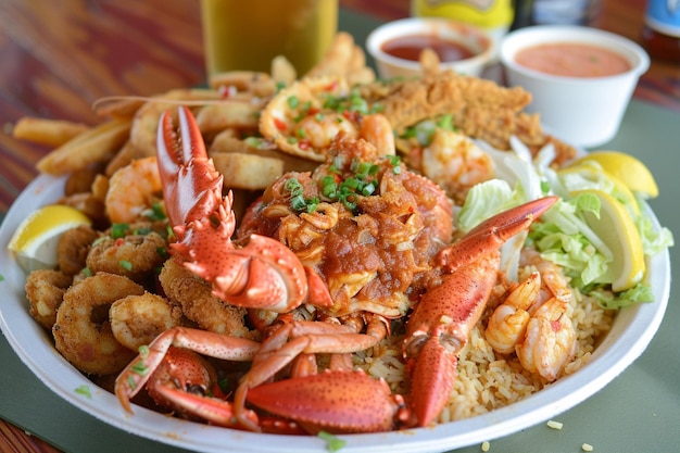 Un plateau de fruits de mer Cajun brûlant avec des crevettes et des homards