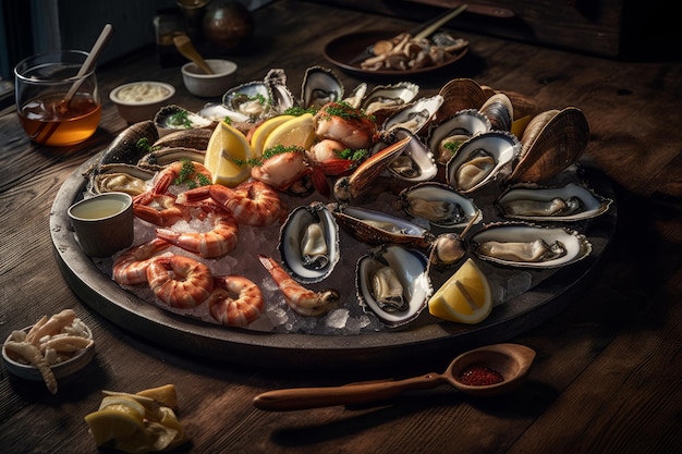 Un plateau de fruits de mer avec crevettes et autres fruits de mer sur une table.