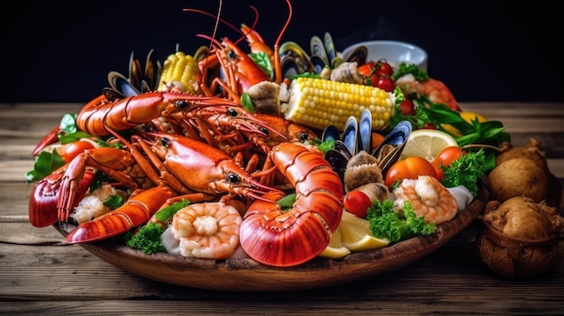 Un plateau de fruits de mer avec crevettes, maïs et légumes