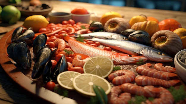 Photo un plateau de fruits de mer frais et d'autres aliments sur la table
