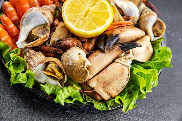 Plateau de fruits de mer Fruits de mer pince de crabe crevette palourde rapan trompettiste mollusque repas collation alimentaire