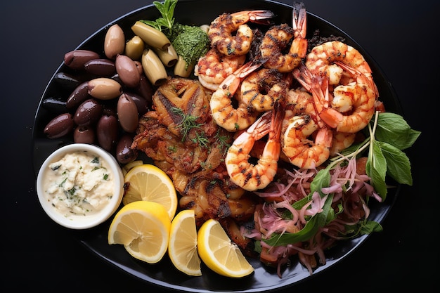 Plateau de fruits de mer grecs avec crevettes grillées et calamars