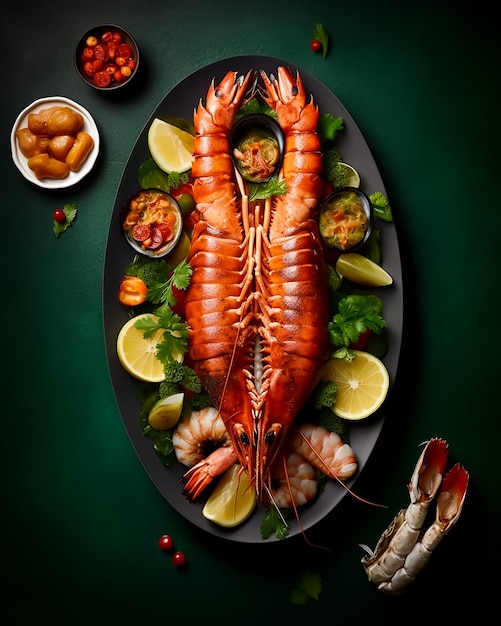 Un plateau de fruits de mer avec un homard dessus