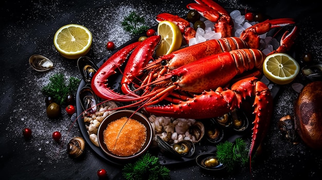 Un plateau de fruits de mer avec des homards et autres fruits de mer dessus