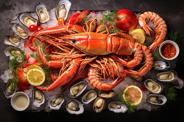 D'un plateau de fruits de mer avec des huîtres et des crevettes