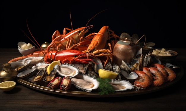 Plateau de fruits de mer orné de homard pétoncles palourdes et crevettes ai générative