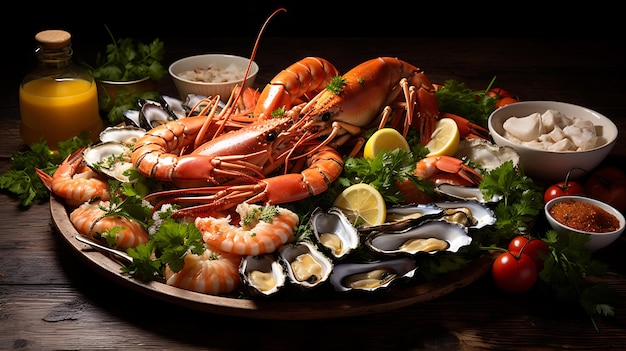 Un plateau de fruits de mer avec une variété de crustacés et de sauces de trempage