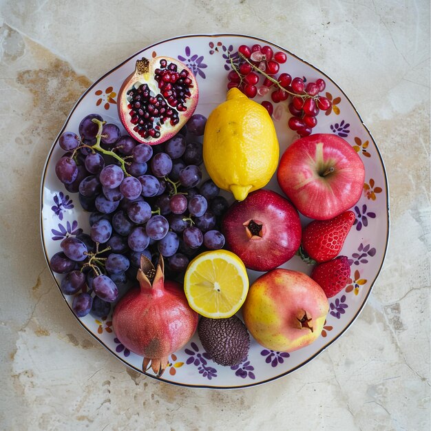 Un plateau de fruits sains fraises framboises oranges prunes pommes kiwis raisins bleuets sur la table en bois gris foncé vue supérieure copier l'espace pour le texte mise au point sélective