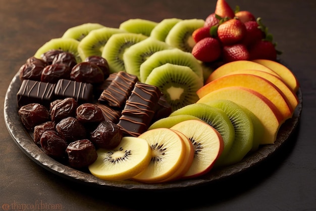 un plateau de fruits secs enrobés de chocolat assortis générés par l'IA