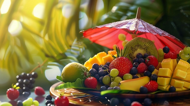 Photo plateau de fruits tropicaux avec parapluie rouge option de collation fraîche et colorée