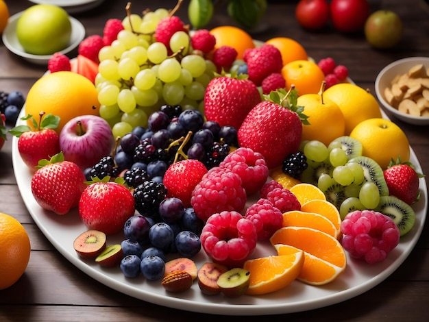 plateau de fruits visuellement époustouflant avec une variété de fruits colorés et mûrs