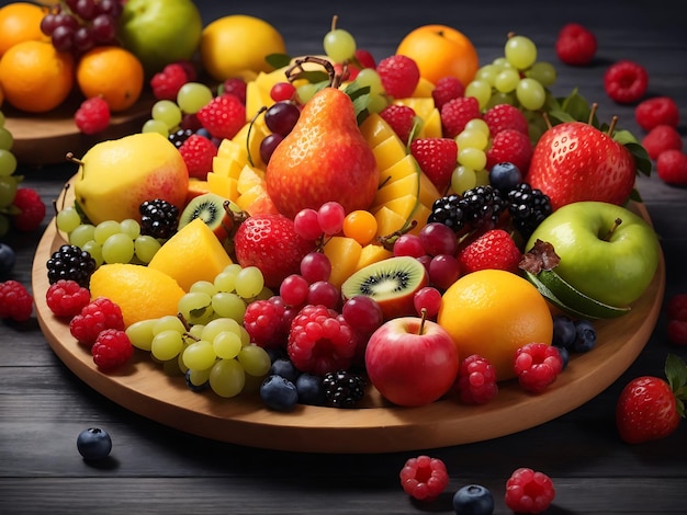 plateau de fruits visuellement époustouflant avec une variété de fruits colorés et mûrs