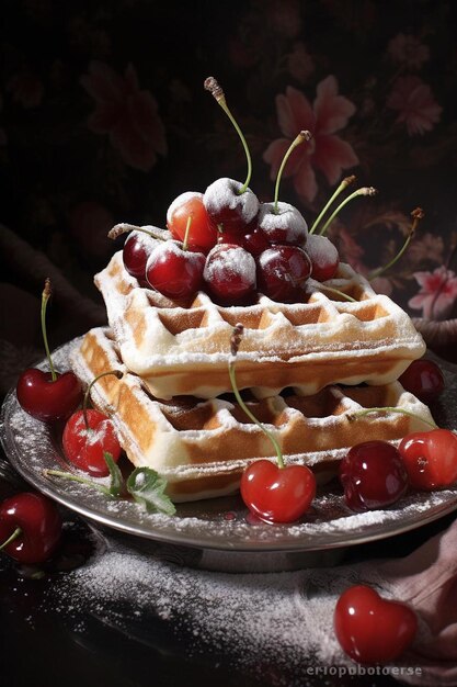 un plateau de gaufres aux cerises et aux cerises