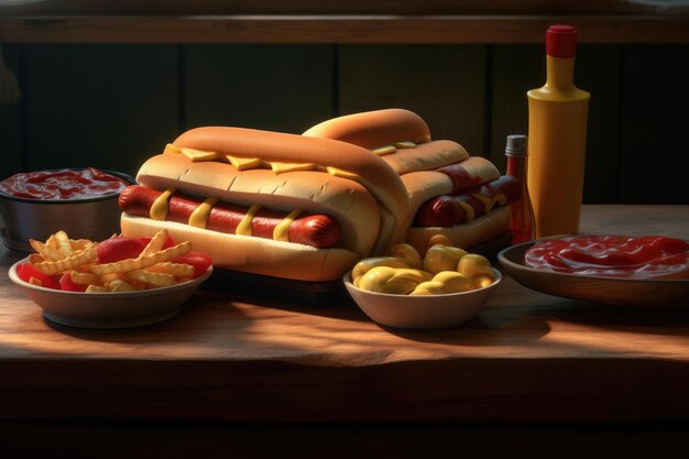 Un plateau avec des hot-dogs sur une surface en bois Generative AI