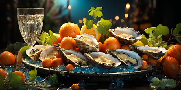 Photo plateau d'huîtres fraîches sur un lit de glace sur un plateau oystres au citron et à la sauce nourriture dans un restaurant