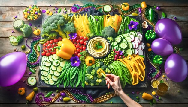 Un plateau de légumes Mardi Gras vibrant avec des accents festifs sur une table en bois