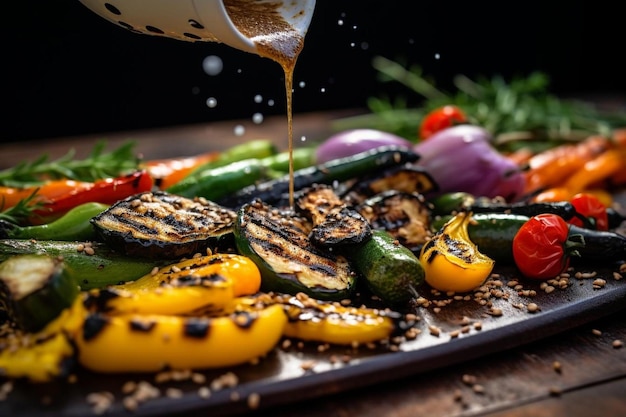 Photo un plateau de légumes avec une sauce versant de la sauce dessus.