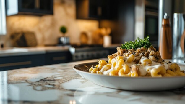 Un plateau de mac et de fromage à la truffe sur un fond de cuisine moderne