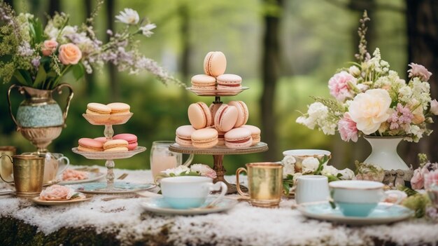 un plateau de macarons est servi sur des assiettes vintage