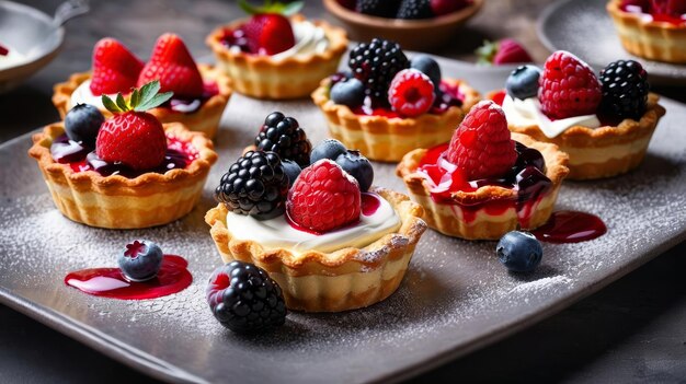 Photo un plateau en métal avec des mini-desserts et des garnitures de fruits