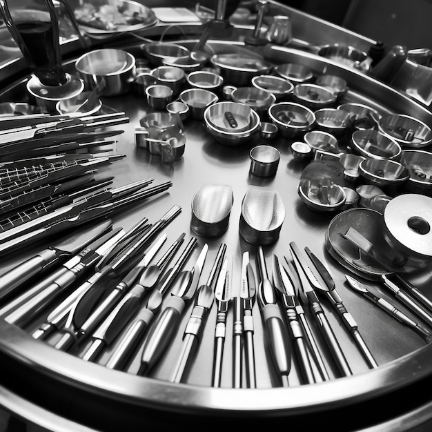 Photo un plateau métallique avec divers outils dont un instrument chirurgical.