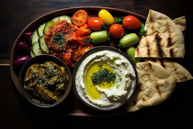 Plateau de meze grec avec tzatziki et houmous