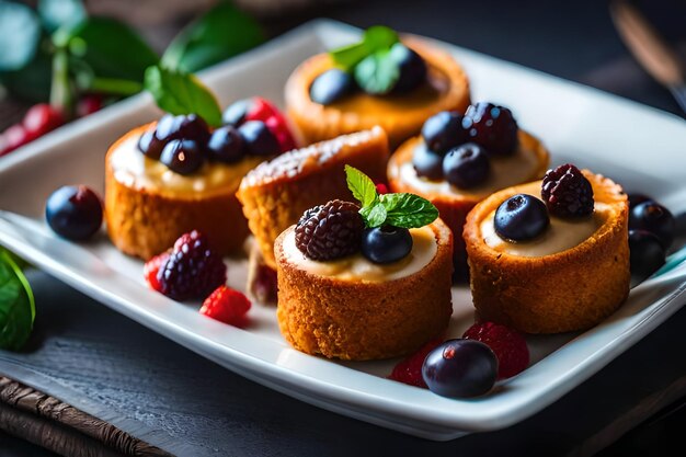 un plateau de mini cakes aux framboises et feuilles de menthe.