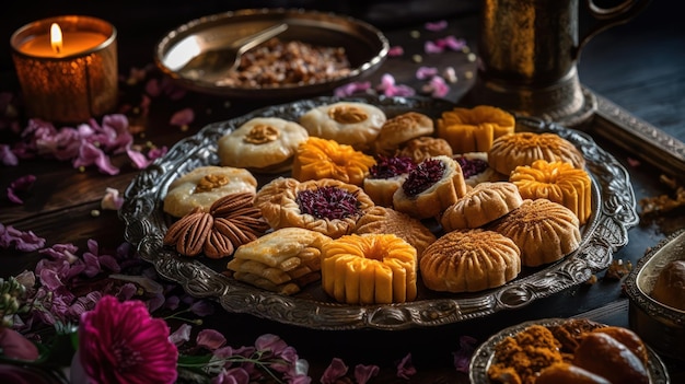 Un plateau de nourriture avec une assiette de bonbons dessus