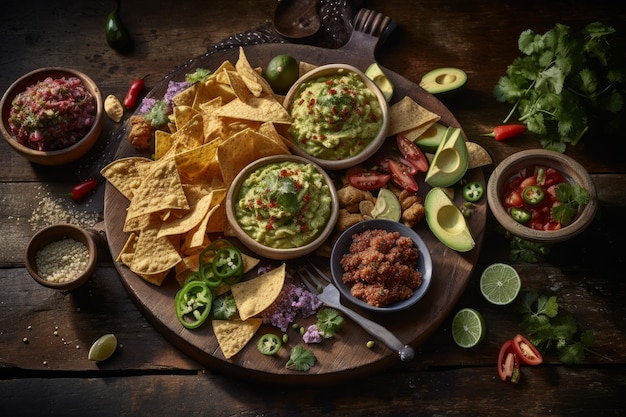 Un plateau de nourriture comprenant du guacamole, des frites et du guacamole.