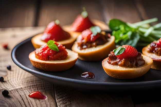 un plateau de nourriture avec des fraises et une feuille sur le dessus.