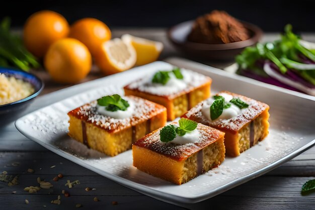 un plateau de nourriture avec des oranges et du fromage à la crème dessus