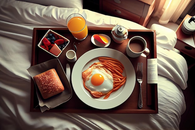 Un plateau de nourriture avec un petit-déjeuner composé d'œufs et de pain.