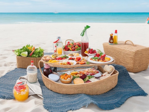 Photo un plateau de nourriture sur une plage avec une bouteille de jus