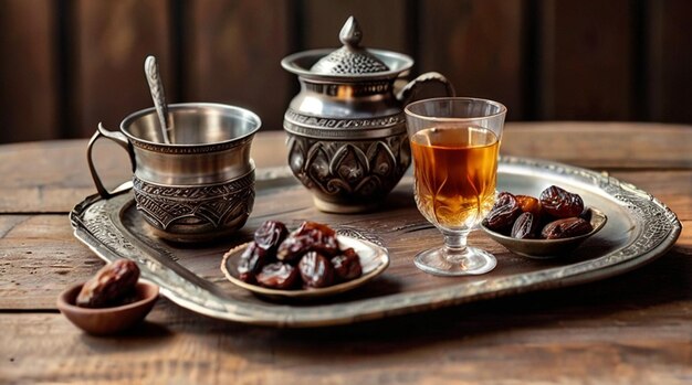 un plateau de nourriture et une tasse de thé à côté d'un bol d'amandes