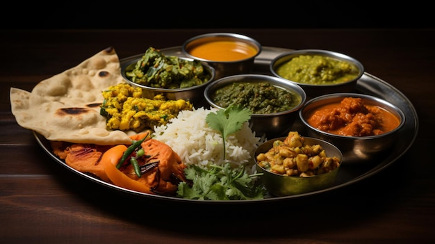 Photo plateau de nourriture thali hindou végétarien focalisation sélective