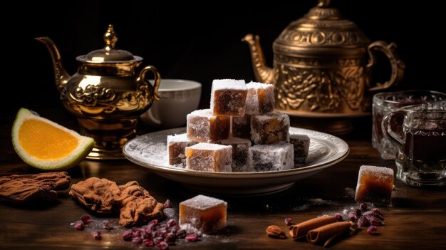 un plateau de nourriture avec une théière et une théière sur la table