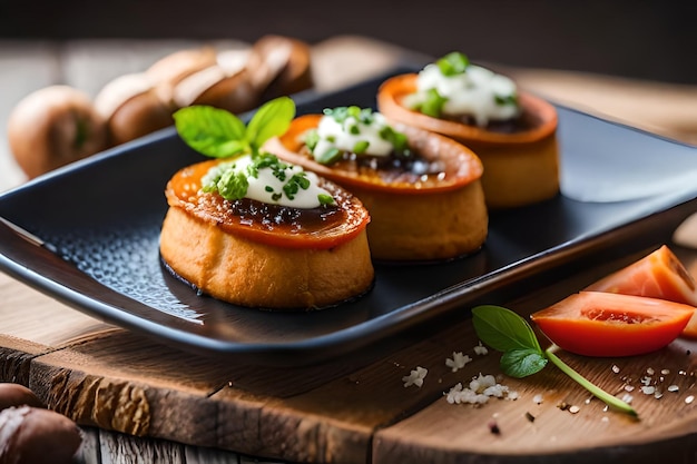 un plateau de nourriture avec une tranche de tomate dessus