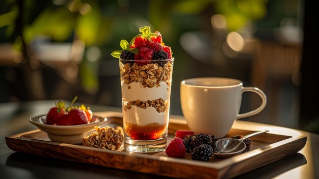 Photo un plateau de nourriture avec un verre de lait et une tasse de café