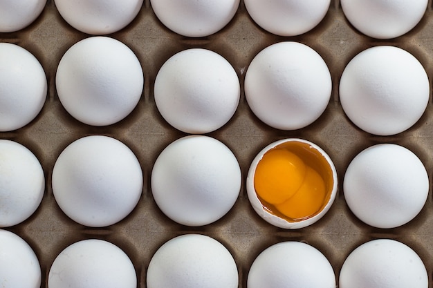 Plateau d'oeufs blancs avec un oeuf cassé double jaune