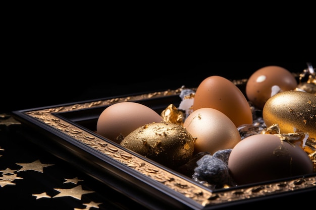 Un plateau d'œufs avec une feuille d'or enveloppée de feuille d'or se trouve sur un plateau noir.