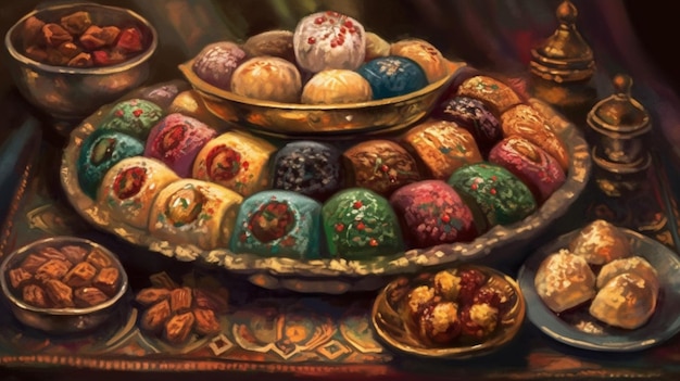 Un plateau d'œufs de Pâques avec une assiette de chocolats dessus.
