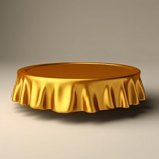Un plateau en or avec un tissu en or dessus et le bas de la table a un tissu en or.