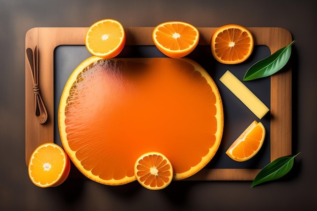 Un plateau d'oranges avec une planche à découper et une planche à découper avec une tranche d'orange coupée