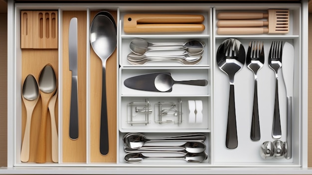 Plateau organisateur de tiroir à couverts pour ustensiles de cuisine avec un ensemble d'outils simple, IA minimaliste ou générative