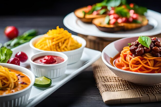 un plateau de pâtes avec des sauces et des trempettes sur une table.