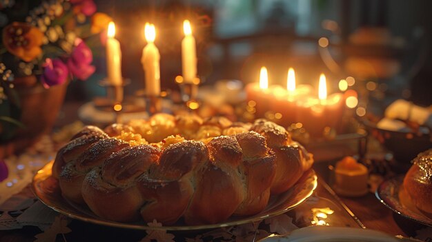Photo un plateau de pâtisseries avec des bougies en arrière-plan