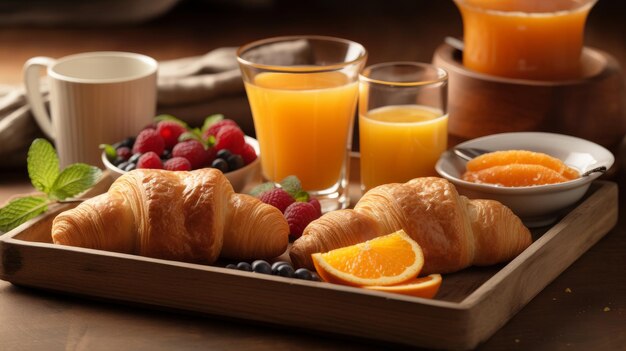 Plateau petit-déjeuner avec confiture de croissants et jus d'orange AI généré