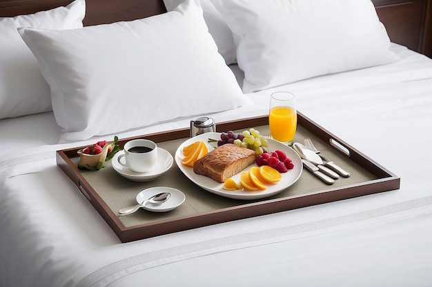 Photo un plateau de petit déjeuner sur un lit blanc dans un hôtel haut de gamme