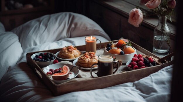 Un plateau de petit-déjeuner sur un lit avec une bougie allumée