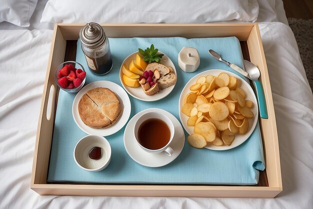 Un plateau de petit déjeuner sur un lit.